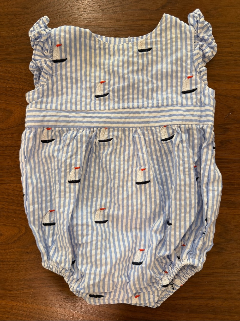 Classic Prep Baby Girls' Blue Seersucker Embroidered Sailboat Romper 3-6m